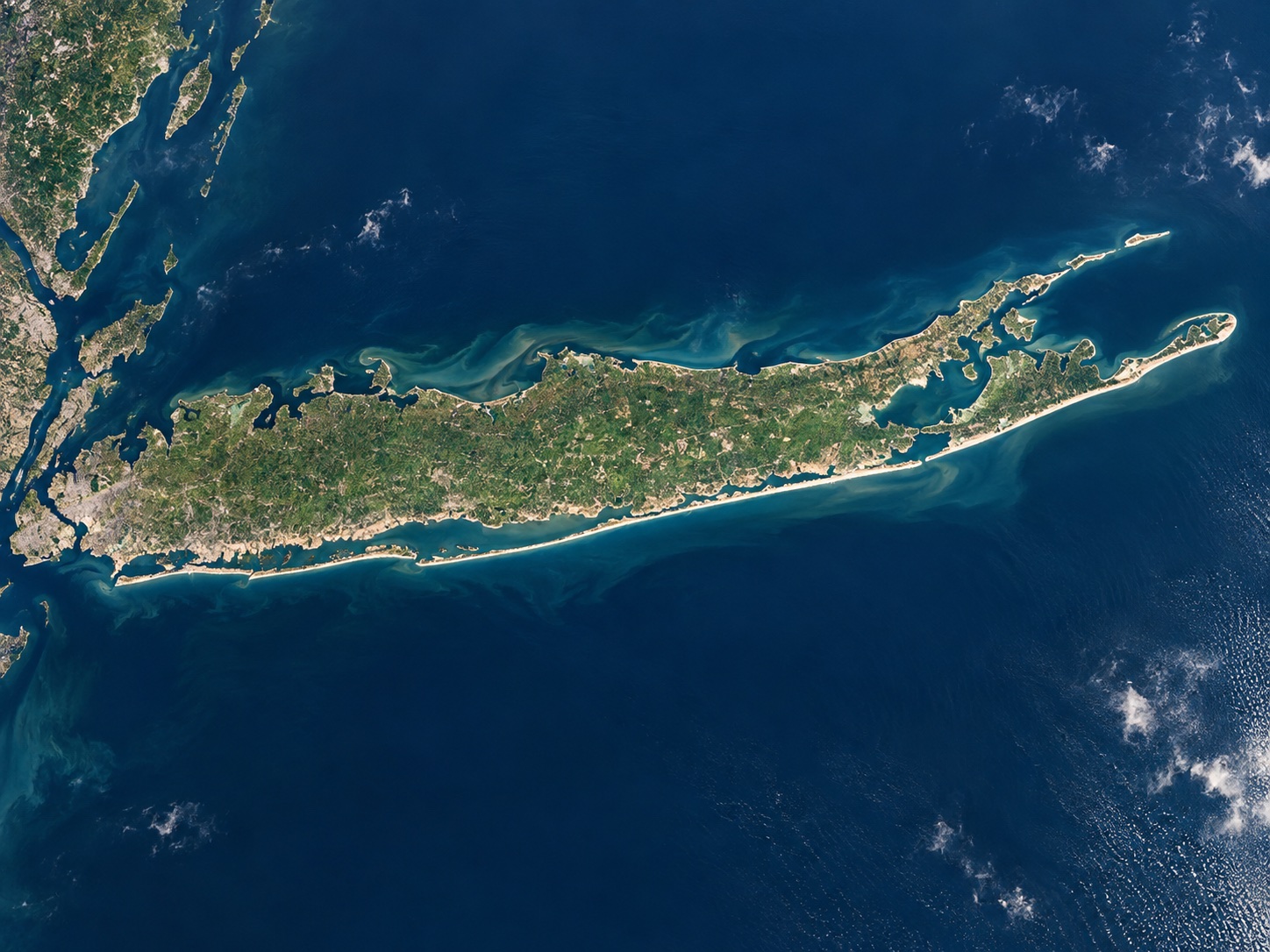 Stylized aerial view of Long Island’s long coastline.